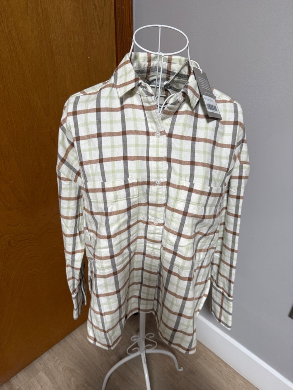 Everlane Womens Plaid Button-Down Shirt in Cream, Brown, and Light Green